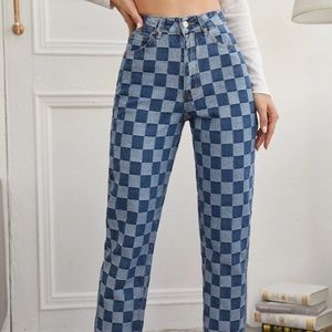 Checkered Denim Straight Leg Jeans